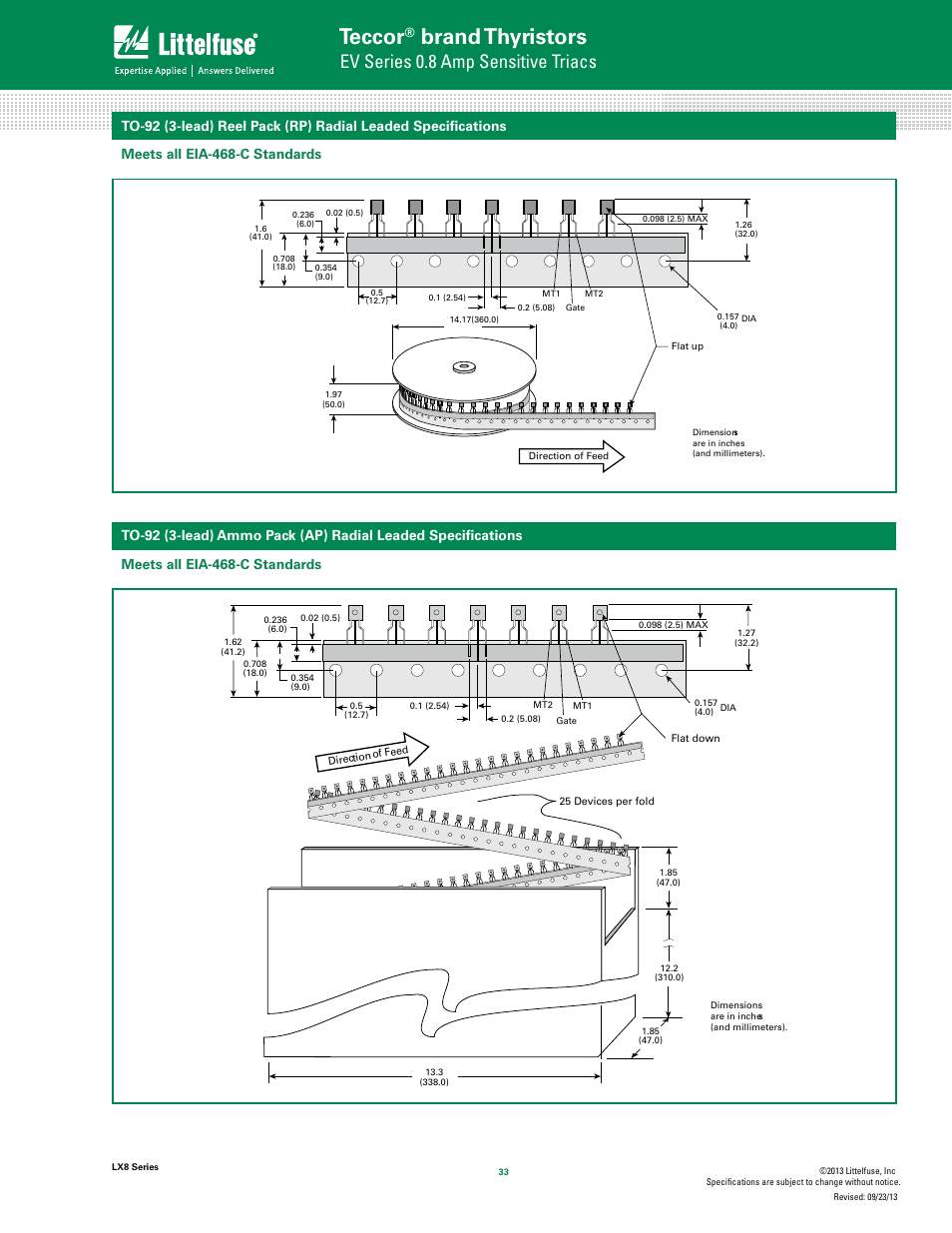 Teccor, Brand thyristors, Ev series 0.8 amp sensitive triacs | Littelfuse LX8 Series User Manual | Page 7 / 8