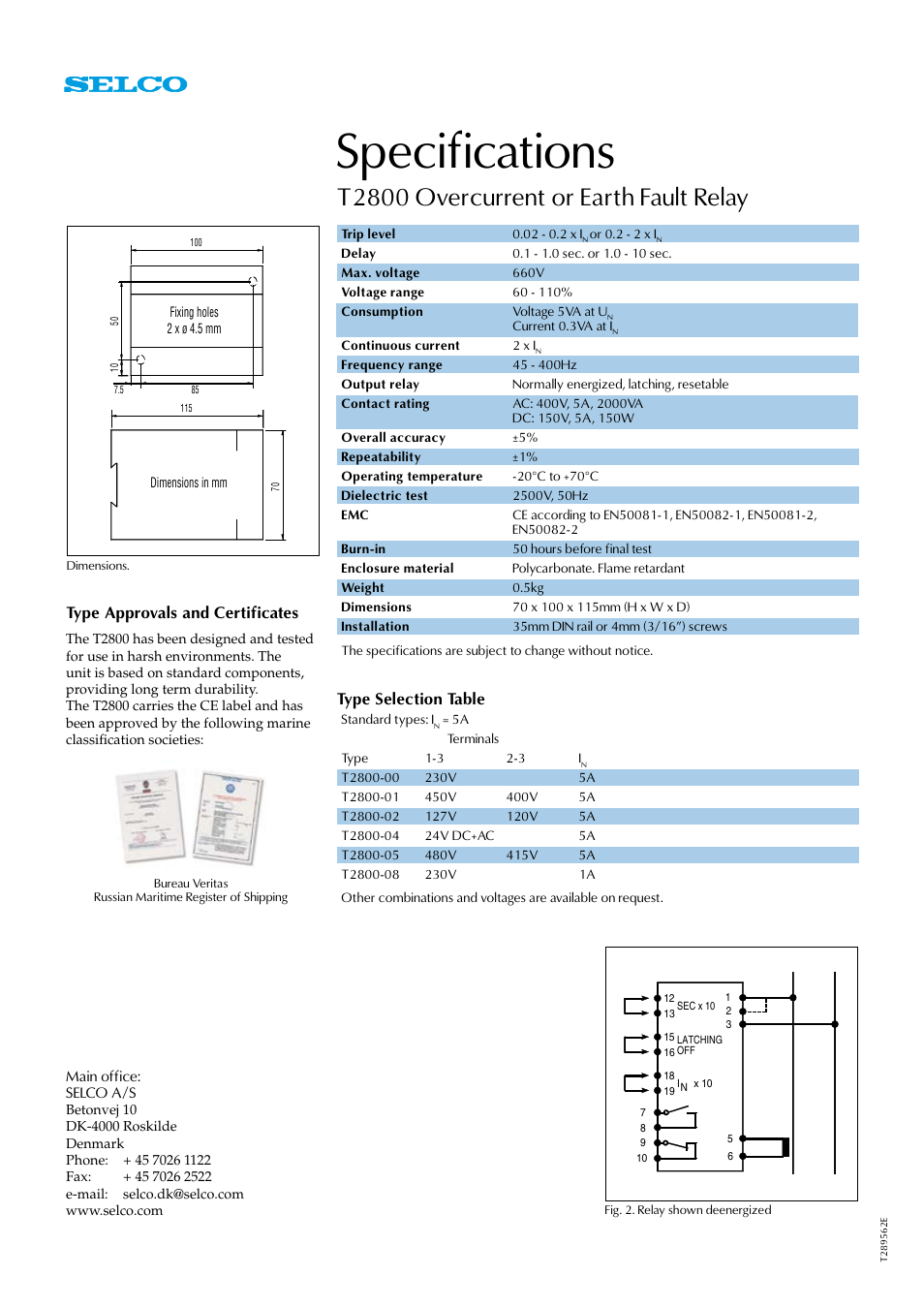 Specifications, T2800 overcurrent or earth fault relay, Type selection table | Type approvals and certificates | Littelfuse T2800 Series User Manual | Page 2 / 2