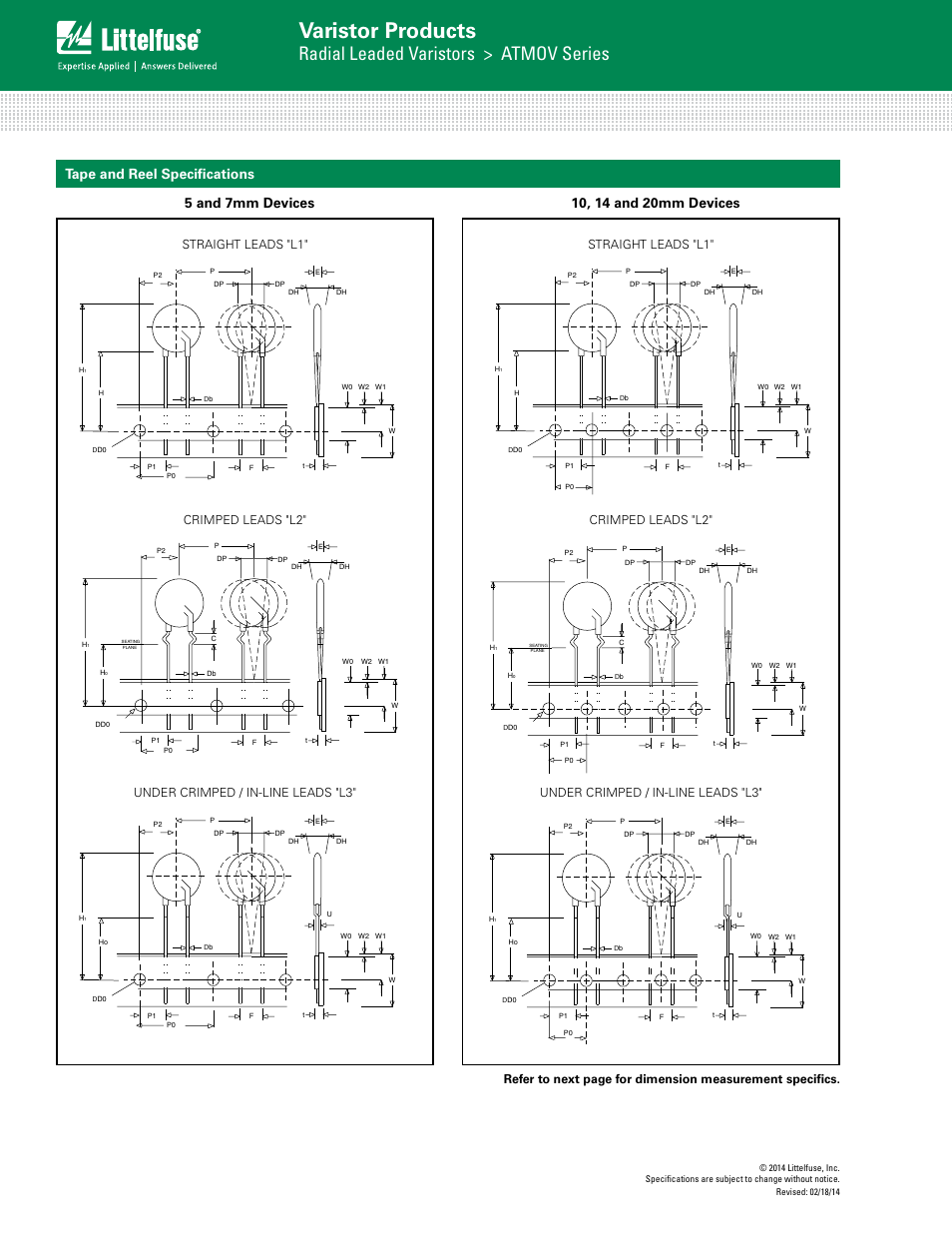 Varistor products, Radial leaded varistors > atmov series, Tape and reel specifications | Crimped leads "l2, Under-crimped leads "zu, Crimped leads "zt, Under crimped / in-line leads "l3, Straight leads "l1 | Littelfuse ATMOV Varistor Series User Manual | Page 8 / 9