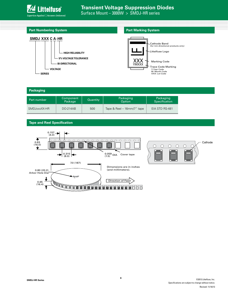Transient voltage suppression diodes, Tvs diode arrays, Surface mount – 3000w > smdj-hr series | Family of products) | Littelfuse SMDJ-HR Series User Manual | Page 6 / 6