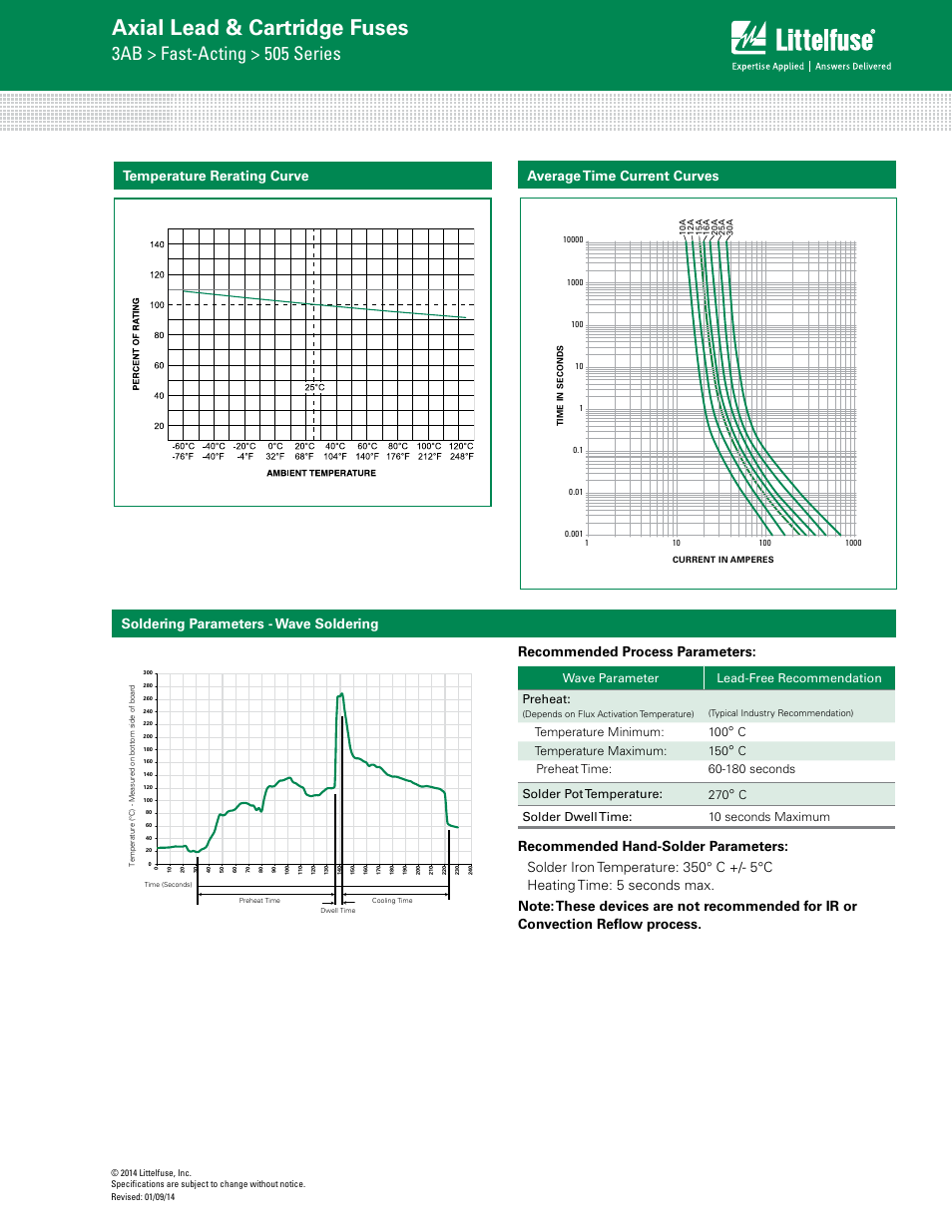 Axial lead & cartridge fuses, 3ab > fast-acting > 505 series, Soldering parameters - wave soldering | Wave parameter lead-free recommendation preheat, Temperature minimum: 100, Ctemperature maximum: 150, Csolder dwell time: 10 seconds maximum | Littelfuse 505 Series User Manual | Page 2 / 3