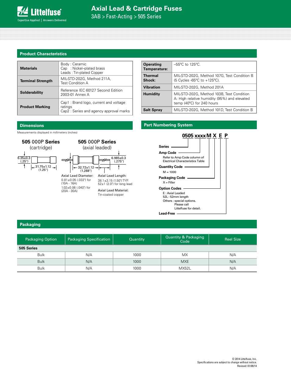 Axial lead & cartridge fuses, 3ab > fast-acting > 505 series | Littelfuse 505 Series User Manual | Page 3 / 3