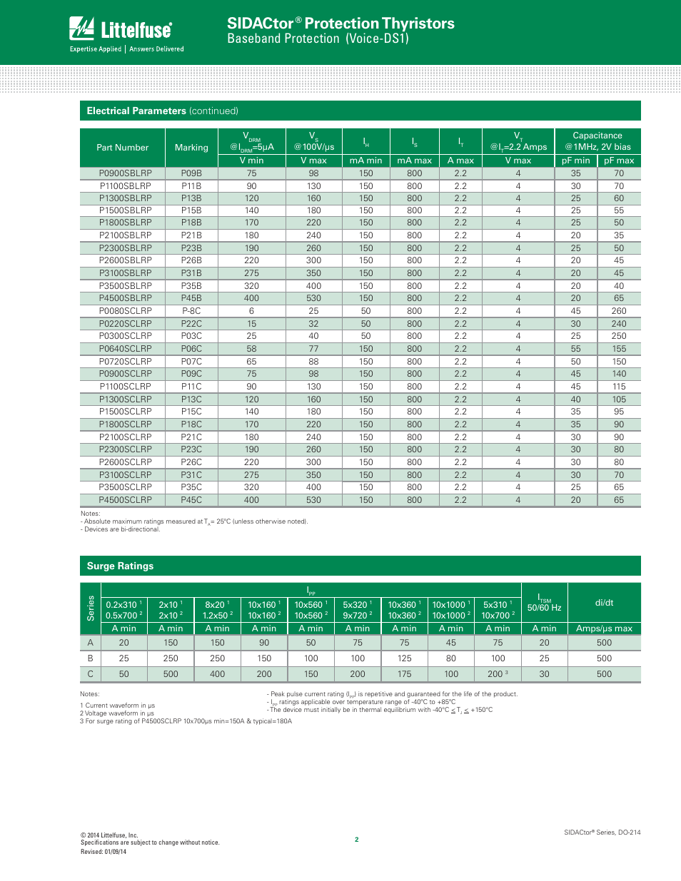 Sidactor, Protection thyristors, Baseband protection (voice-ds1) | Littelfuse SIDACtor Series DO-214 User Manual | Page 2 / 5