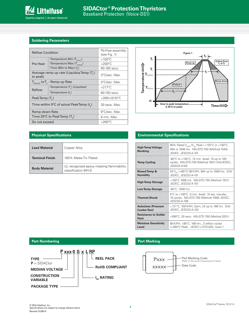 Sidactor, Protection thyristors, Baseband protection (voice-ds1) | Pxxx, Px l rp, Xxx 0 s | Littelfuse SIDACtor Series DO-214 User Manual | Page 4 / 5