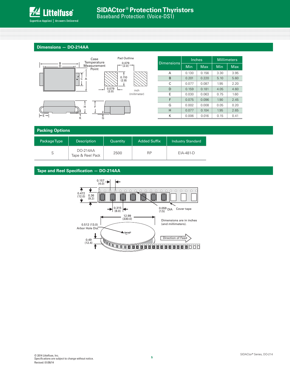 Sidactor, Protection thyristors, Baseband protection (voice-ds1) | Dimensions — do-214aa | Littelfuse SIDACtor Series DO-214 User Manual | Page 5 / 5