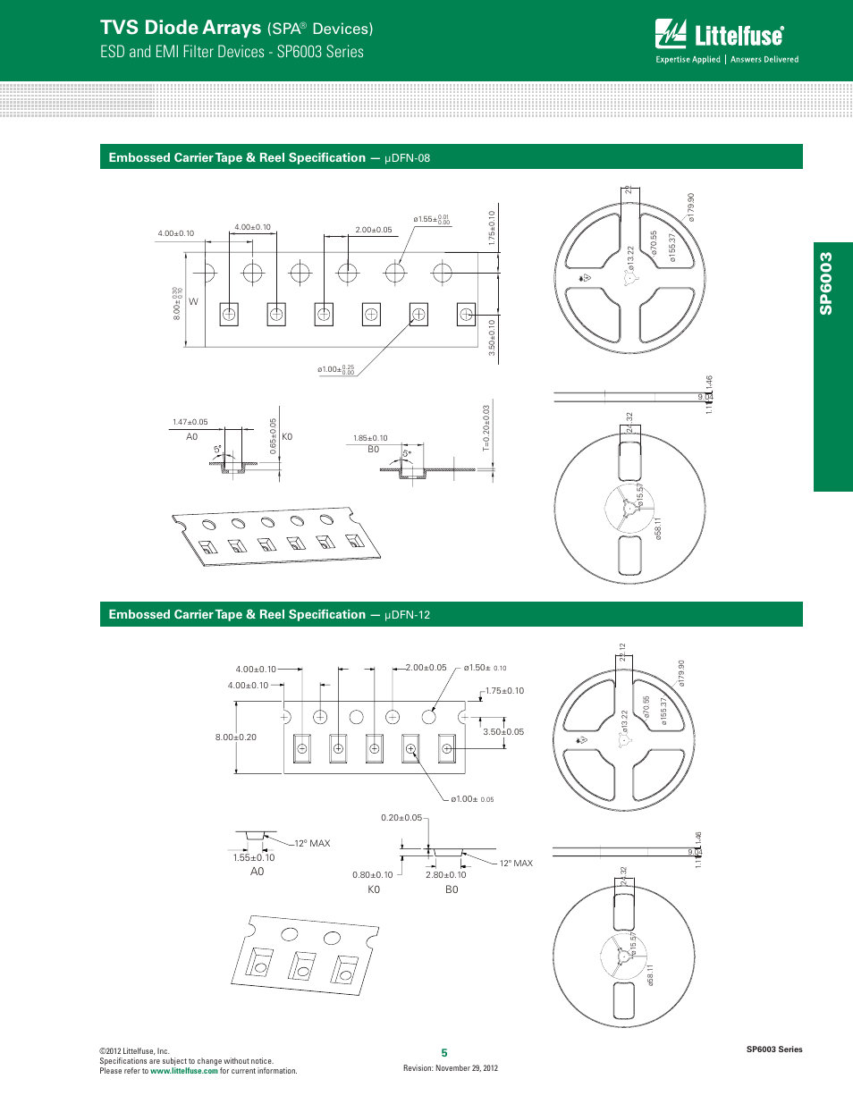 Tvs diode arrays, Esd and emi filter devices - sp6003 series, Devices) | Sp60 03, Embossed carrier tape & reel specification | Littelfuse SP6003 Series User Manual | Page 5 / 5