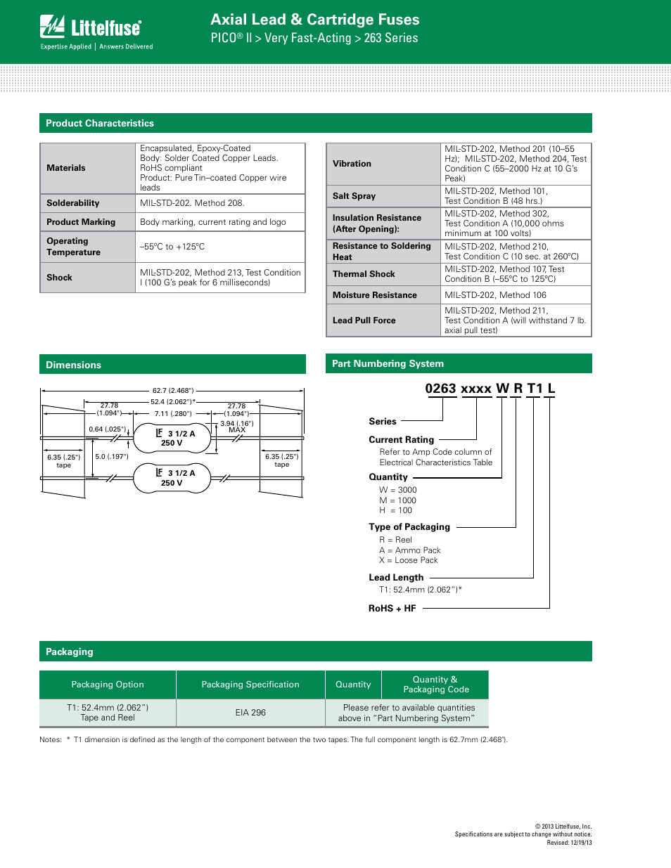 Axial lead & cartridge fuses, Pico, Ll > very fast-acting > 263 series | Littelfuse 263 Series User Manual | Page 3 / 3