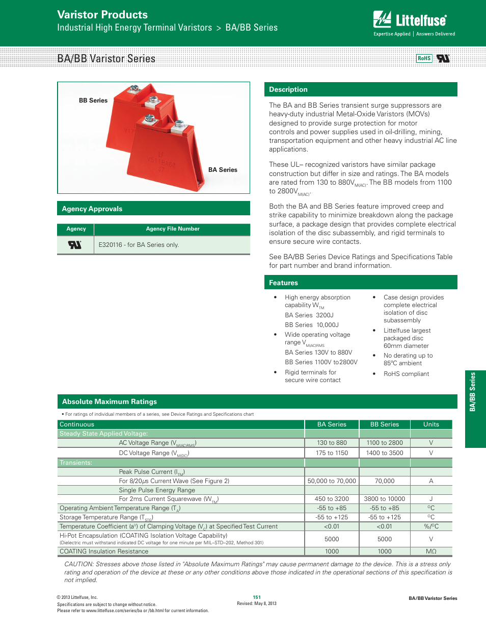 Littelfuse BA_BB Varistor Series User Manual | 5 pages