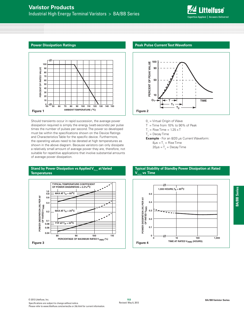 Varistor products, Hi–energy mo v’s, Ba/bb series | Stand by power dissipation vs applied v, Vs time, Power dissipation ratings, Peak pulse current test waveform | Littelfuse BA_BB Varistor Series User Manual | Page 3 / 5