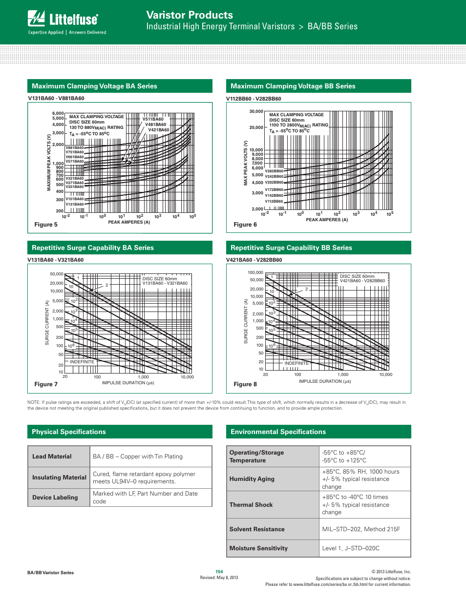 Varistor products, Physical speciﬁcations environmental speciﬁcations | Littelfuse BA_BB Varistor Series User Manual | Page 4 / 5