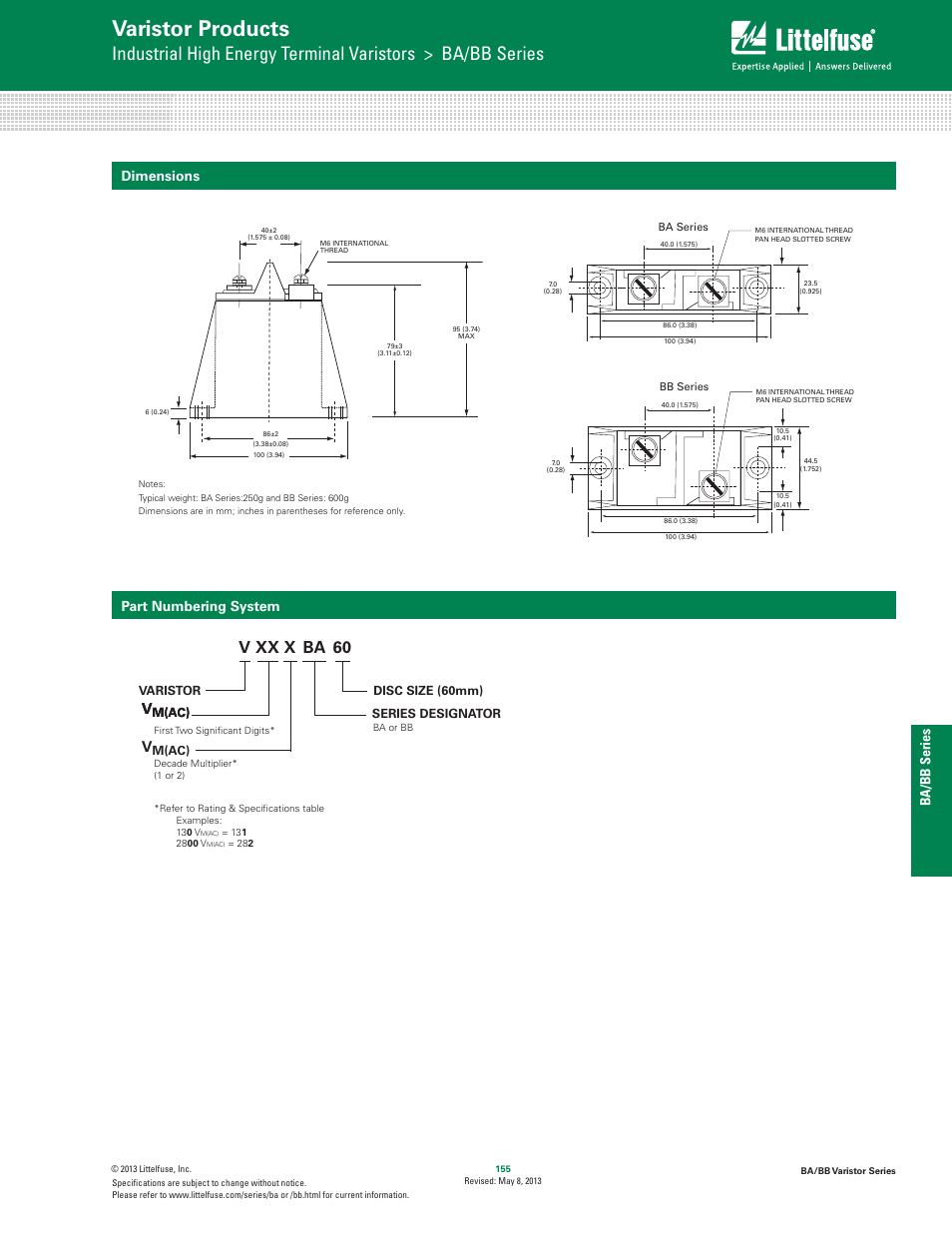 Varistor products, V xx x ba 60, Hi–energy mo v’s | Ba/bb series dimensions, Part numbering system | Littelfuse BA_BB Varistor Series User Manual | Page 5 / 5