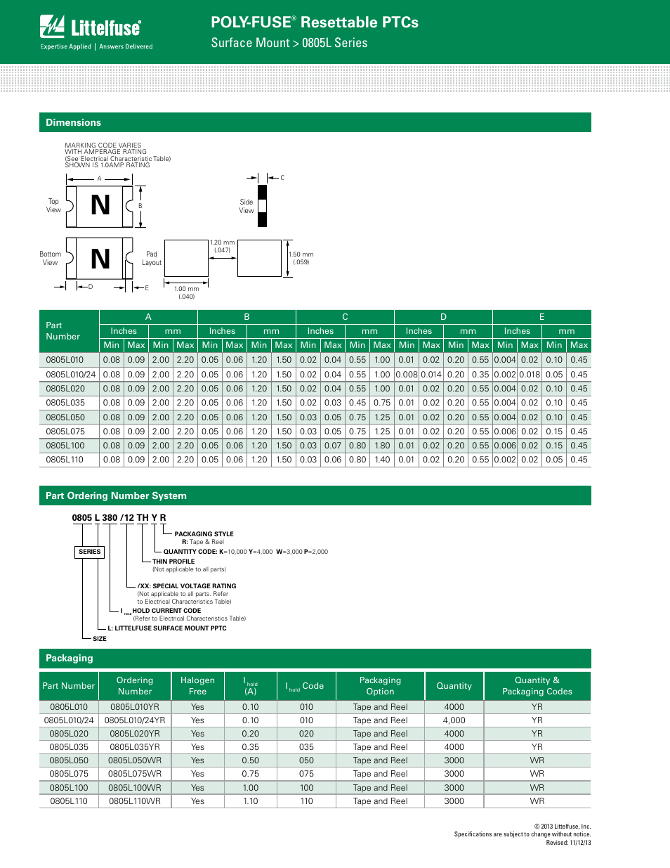 Poly-fuse, Resettable ptcs, Surface mount > 0805l series | Littelfuse 0805L Series User Manual | Page 4 / 5