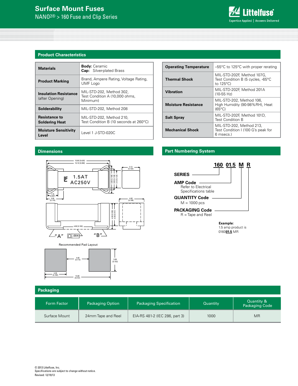 Surface mount fuses, Nano, 160 fuse and clip series | A” “b, 5at ac250v f | Littelfuse 160 Series User Manual | Page 3 / 3