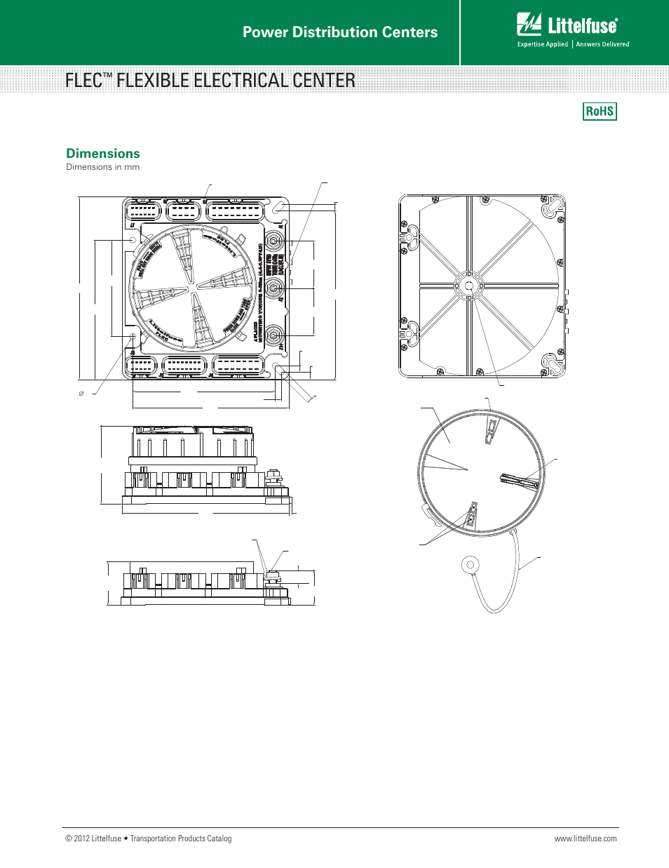 Flec, Flexible electrical center, Power distribution centers | Dimensions, Products catalog, Dimensions in mm | Littelfuse FLEC Series User Manual | Page 2 / 2