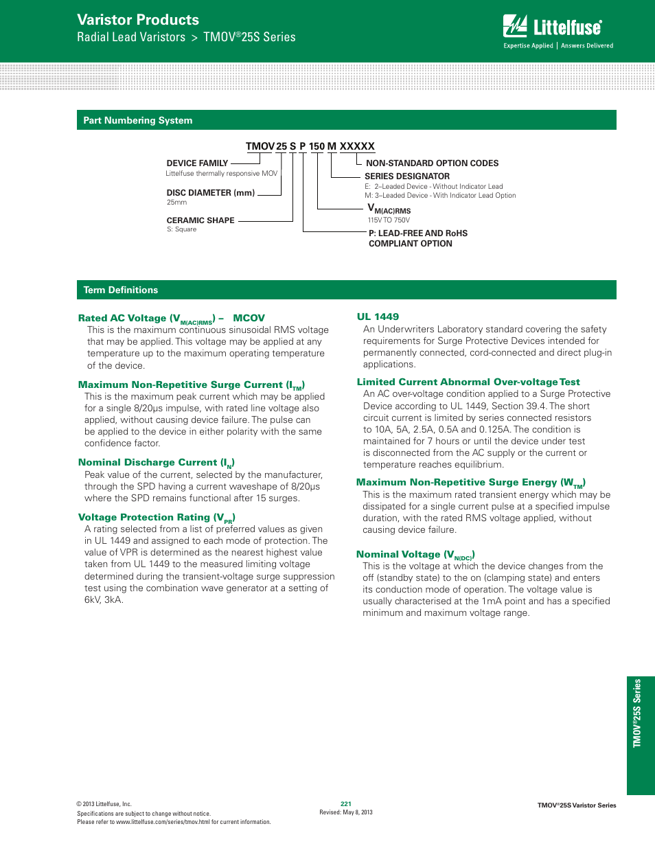 Varistor products, Radial lead varistors > tmov, 25s series | Littelfuse TMOV 25S Varistor Series User Manual | Page 7 / 7