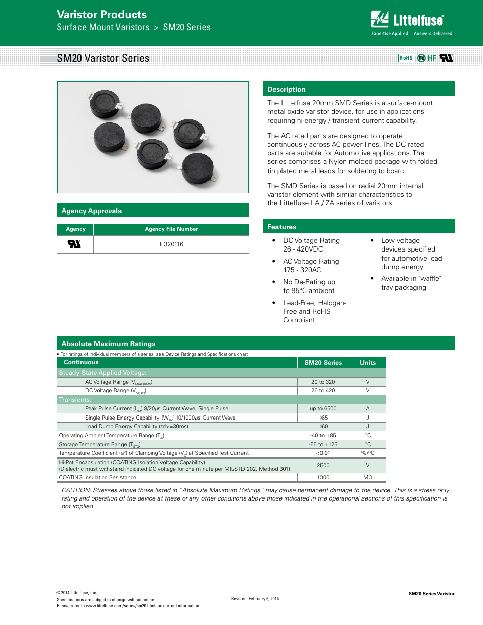 Littelfuse SM20 Varistor Series User Manual | 4 pages