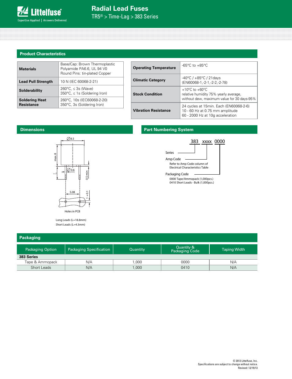 Radial lead fuses, Time-lag > 383 series | Littelfuse 383 Series User Manual | Page 3 / 3