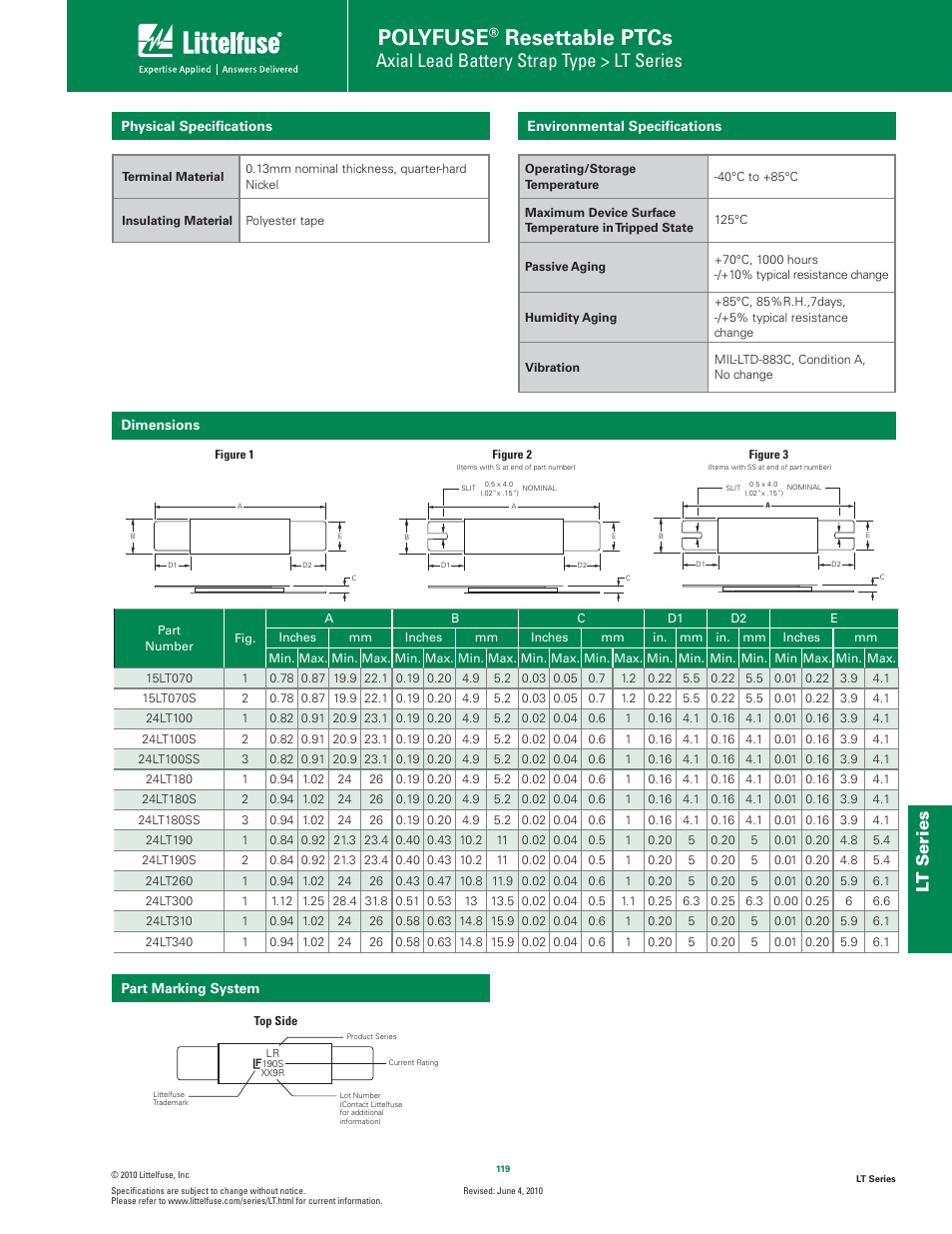 Polyfuse, Resettable ptcs, Axial lead battery strap type > lt series | Lt s eries | Littelfuse LT Series User Manual | Page 3 / 4