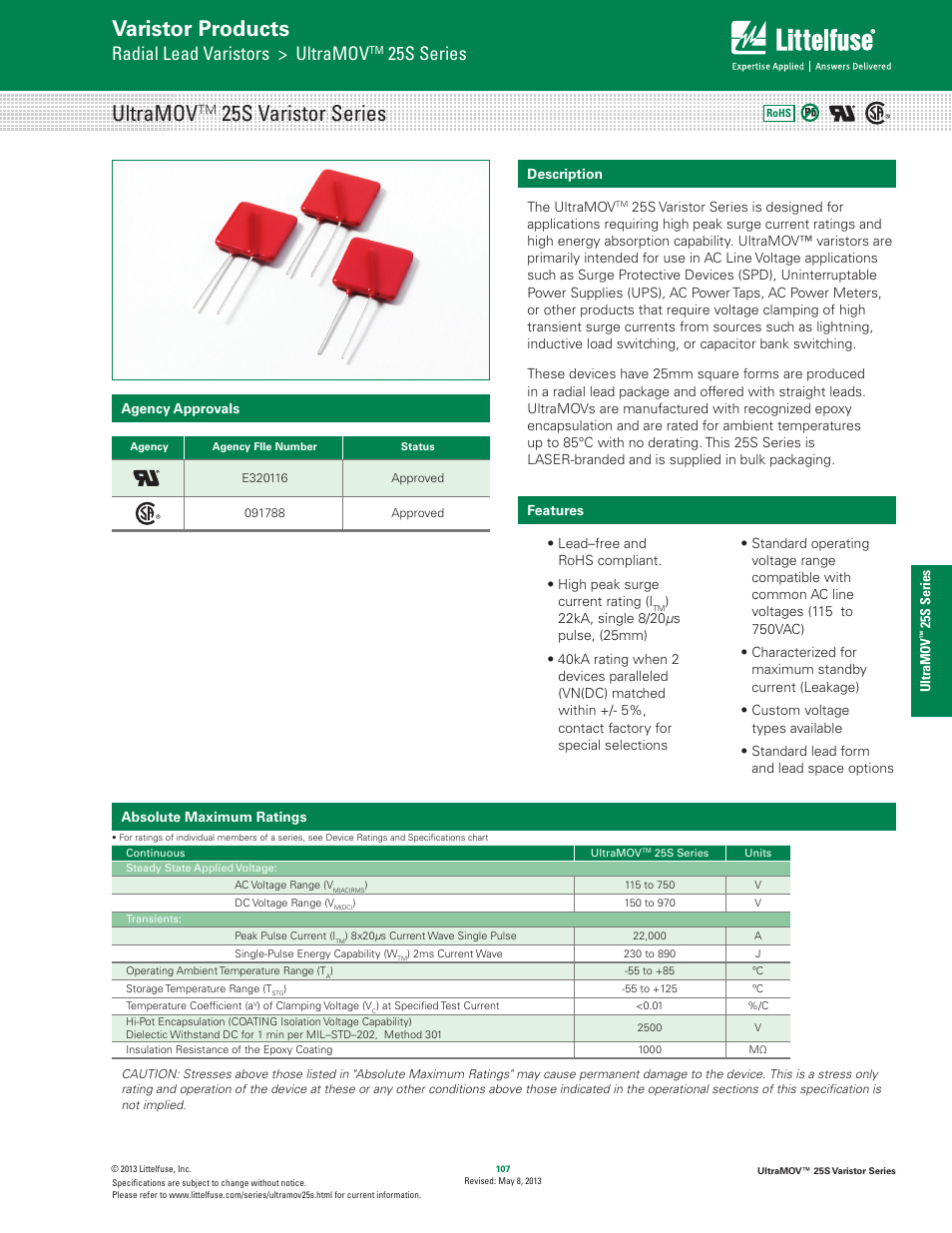 Littelfuse UltraMOV 25S Varistor Series User Manual | 5 pages