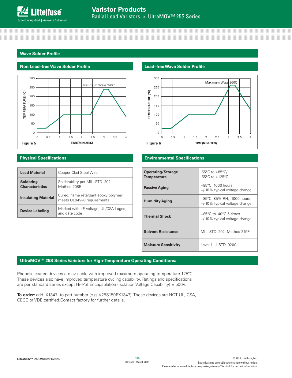 Varistor products, Radial lead varistors > ultramov, 25s series | Ultramov, Physical speciﬁcations environmental speciﬁcations, Lead–free wave solder proﬁle | Littelfuse UltraMOV 25S Varistor Series User Manual | Page 4 / 5