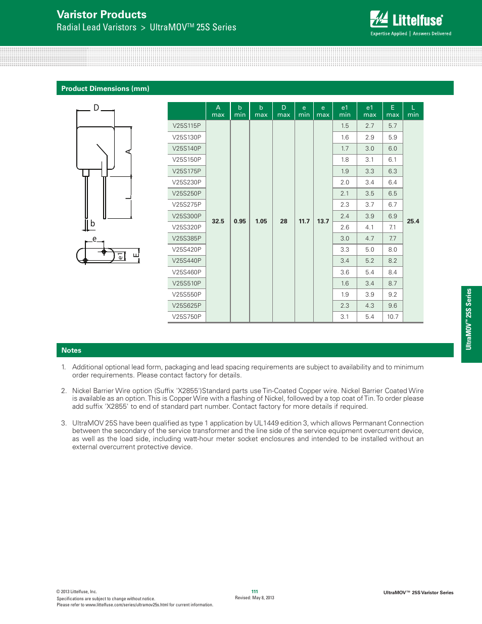 Varistor products, Radial lead varistors > ultramov, 25s series | Eb d, El a | Littelfuse UltraMOV 25S Varistor Series User Manual | Page 5 / 5