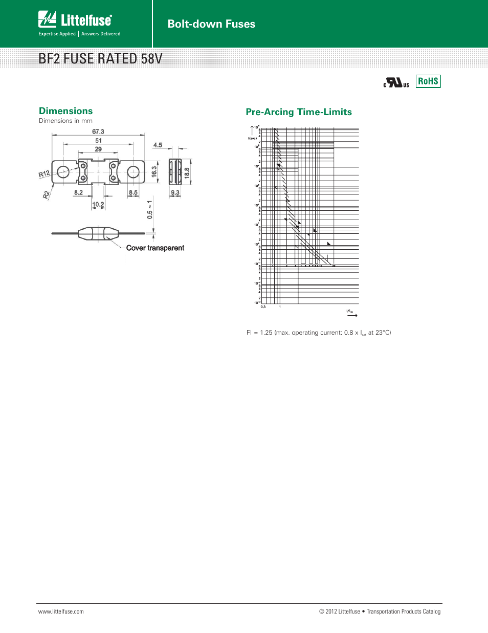 Bf2 fuse rated 58v, Bolt-down fuses, Dimensions | Pre-arcing time-limits | Littelfuse BF2 58V Series User Manual | Page 2 / 2