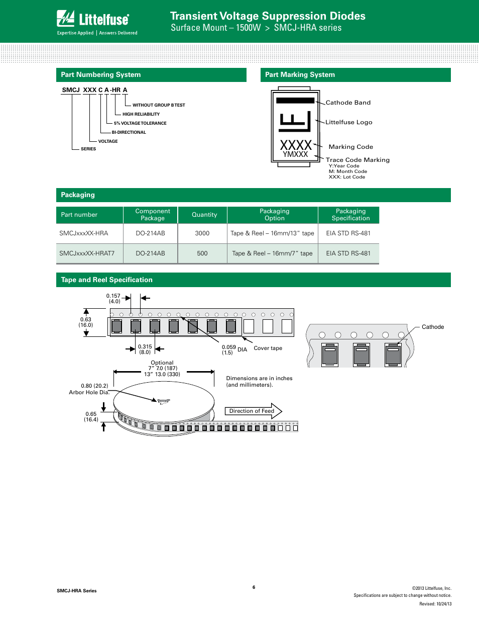 Transient voltage suppression diodes, Tvs diode arrays, Surface mount – 1500w > smcj-hra series | Family of products) | Littelfuse SMCJ-HRA Series User Manual | Page 6 / 6