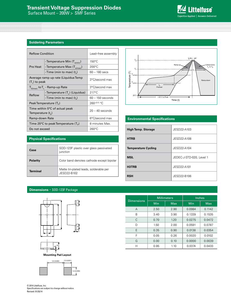 Transient voltage suppression diodes, Surface mount – 200w > smf series, Physical specifications | Environmental specifications, Soldering parameters, Dimensions, Sod-123f package | Littelfuse SMF Series User Manual | Page 5 / 6