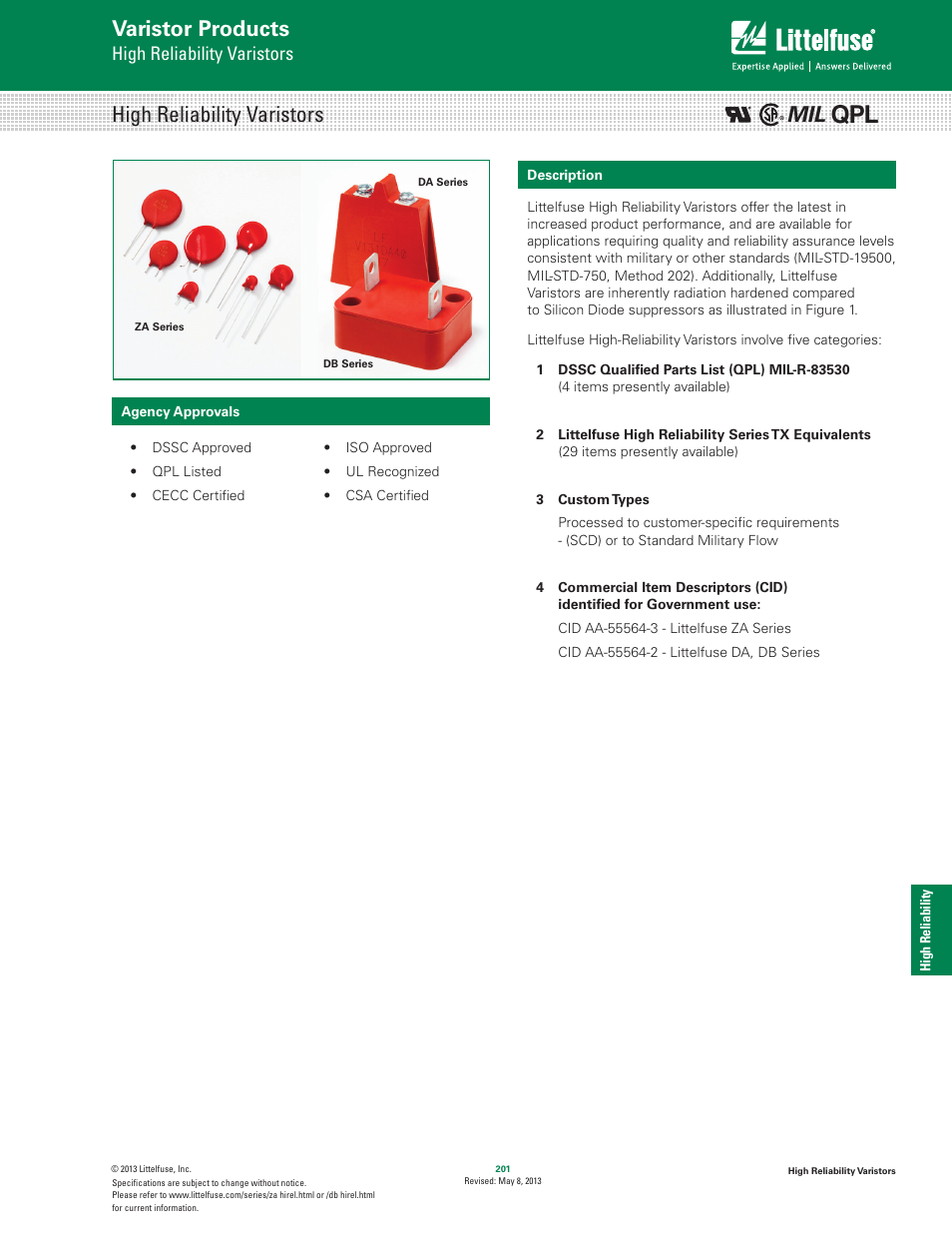 Littelfuse High Reliability Varistors User Manual | 6 pages