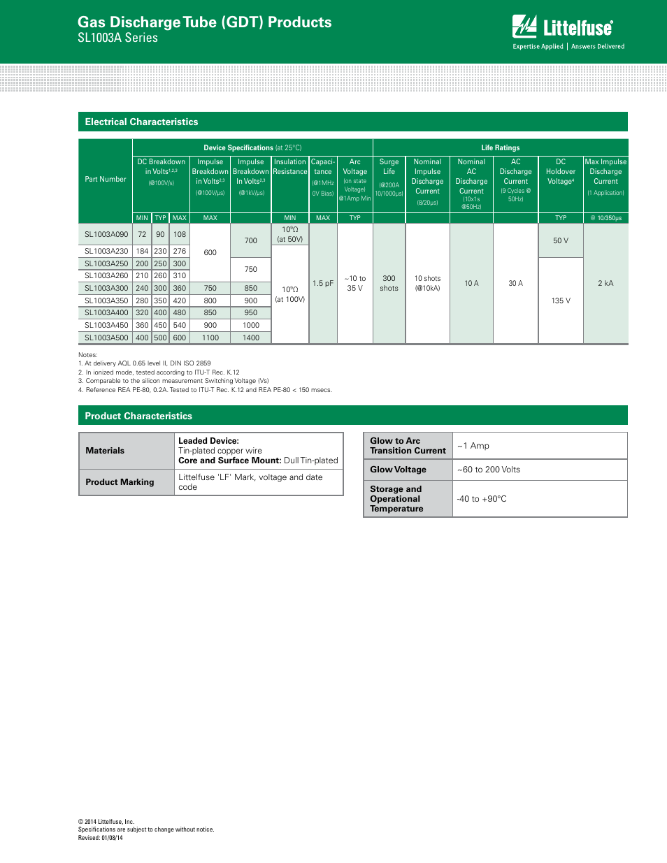 Gas discharge tube (gdt) products, Sl1003a series, Electrical characteristics product characteristics | Littelfuse SL1003A Series User Manual | Page 2 / 5