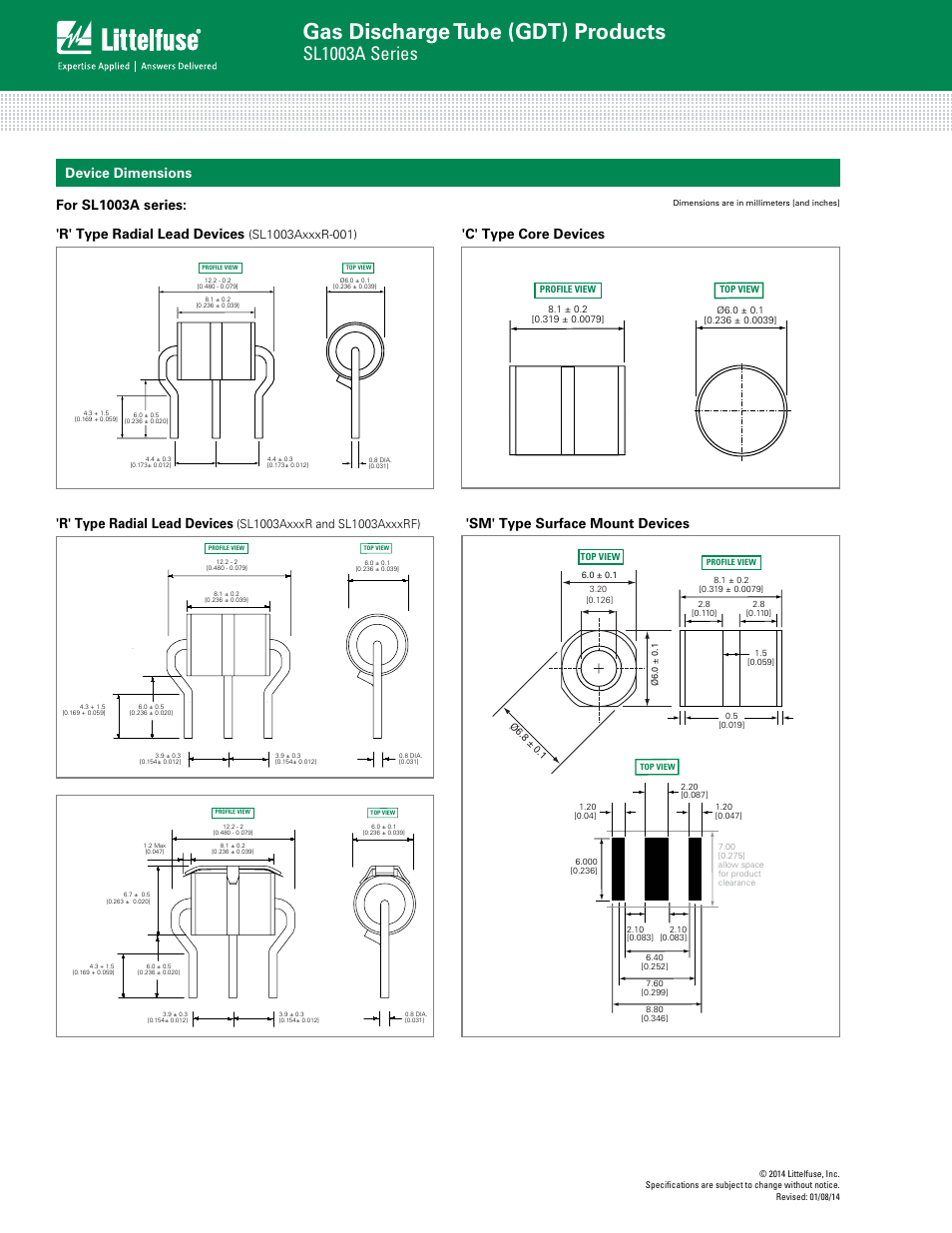 Gas discharge tube (gdt) products, Sl1003a series, R' type radial lead devices | For sl1003a series: 'c' type core devices | Littelfuse SL1003A Series User Manual | Page 3 / 5