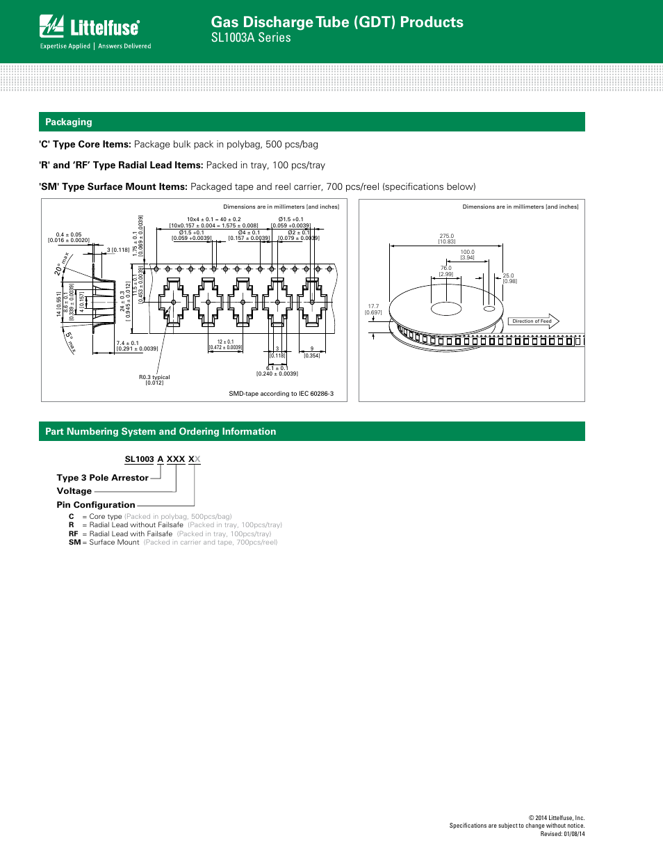 Gas discharge tube (gdt) products, Sl1003a series, Part numbering system and ordering information | Littelfuse SL1003A Series User Manual | Page 5 / 5