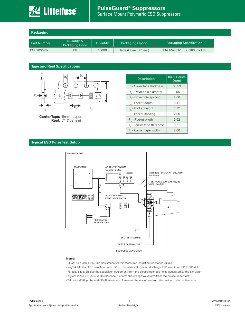 Pulseguard, Suppressors, Surface mount polymeric esd suppressors | Typical esd pulse test setup, Tape and reel speciﬁcations, Packaging | Littelfuse PGB20402 Series User Manual | Page 4 / 5