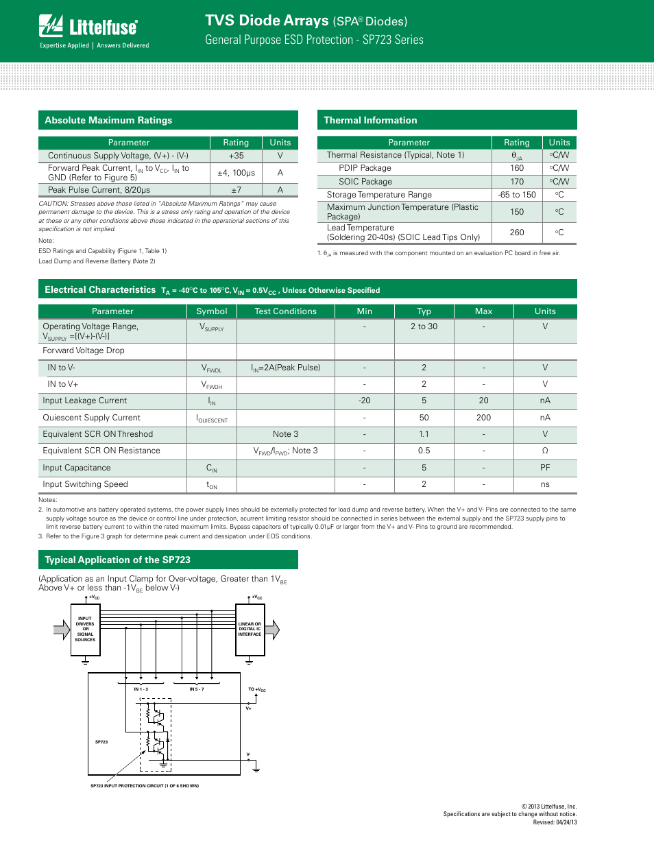 Tvs diode arrays, General purpose esd protection - sp723 series, Diodes) | Absolute maximum ratings, Electrical characteristics, Thermal information, Typical application of the sp723 | Littelfuse SP723 Lead-Free_Green Series User Manual | Page 2 / 6