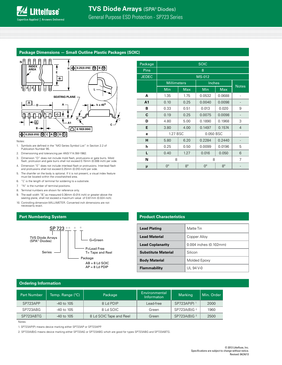 Tvs diode arrays, General purpose esd protection - sp723 series, Diodes) | Sp 723 | Littelfuse SP723 Lead-Free_Green Series User Manual | Page 6 / 6