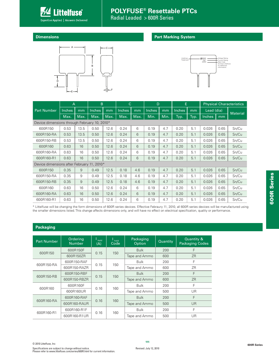 Polyfuse, Resettable ptcs, Radial leaded > 600r series | 60 0r s eries | Littelfuse 600R Series User Manual | Page 5 / 6