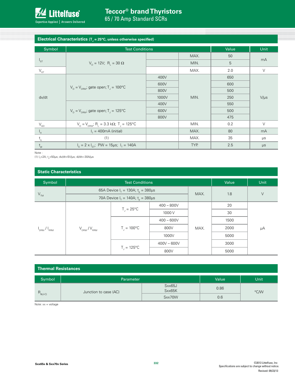 Teccor, Brand thyristors, 65 / 70 amp standard scrs | Littelfuse Sxx70x Series User Manual | Page 2 / 8