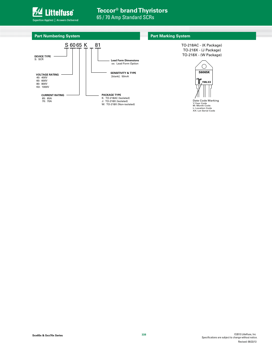 Teccor, Brand thyristors, 65 / 70 amp standard scrs | S 60 65 k, Part numbering system part marking system | Littelfuse Sxx70x Series User Manual | Page 8 / 8