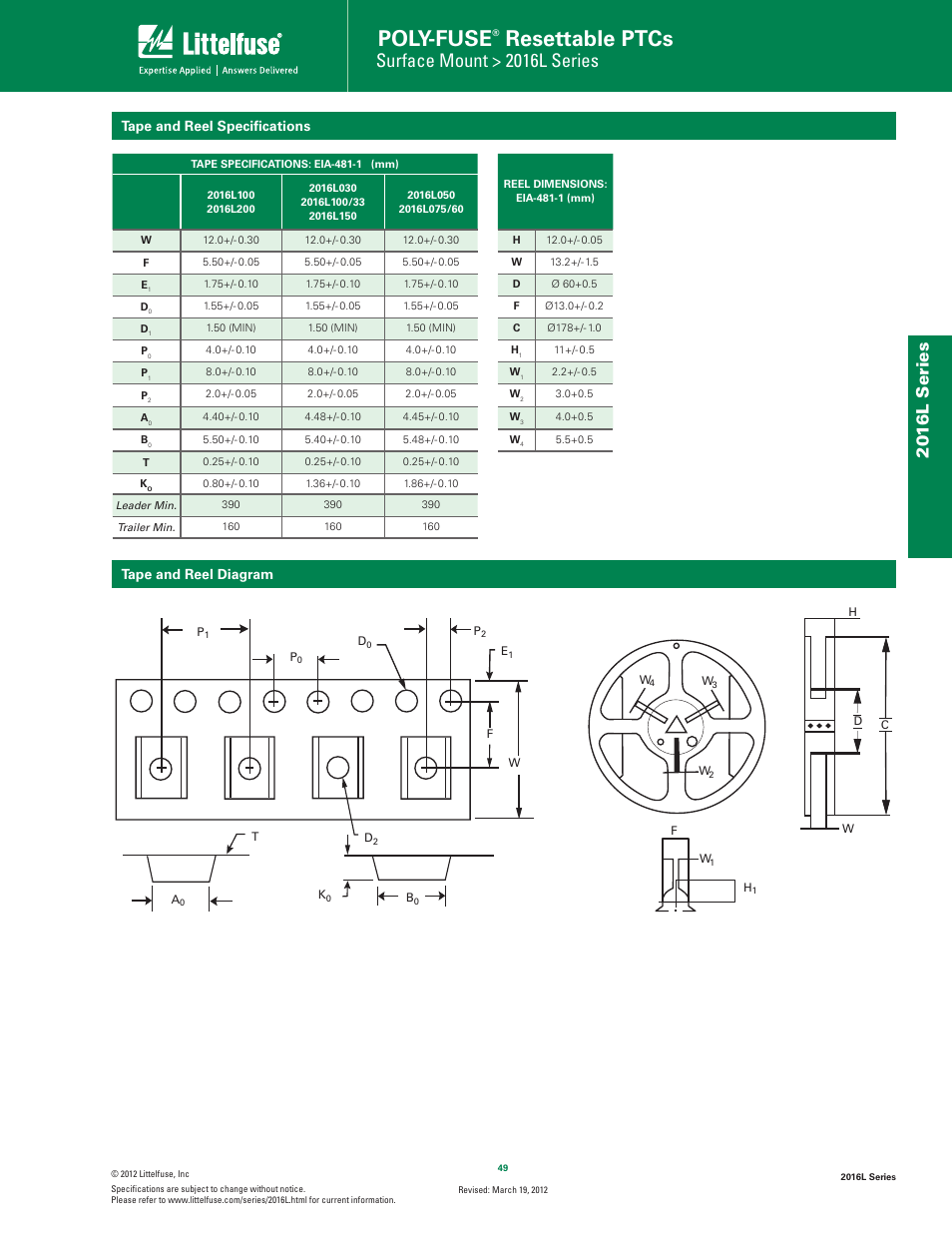 Poly-fuse, Resettable ptcs, Surface mount > 2016l series | 20 16l s eries, Tape and reel speciﬁcations tape and reel diagram | Littelfuse 2016L Series User Manual | Page 5 / 5