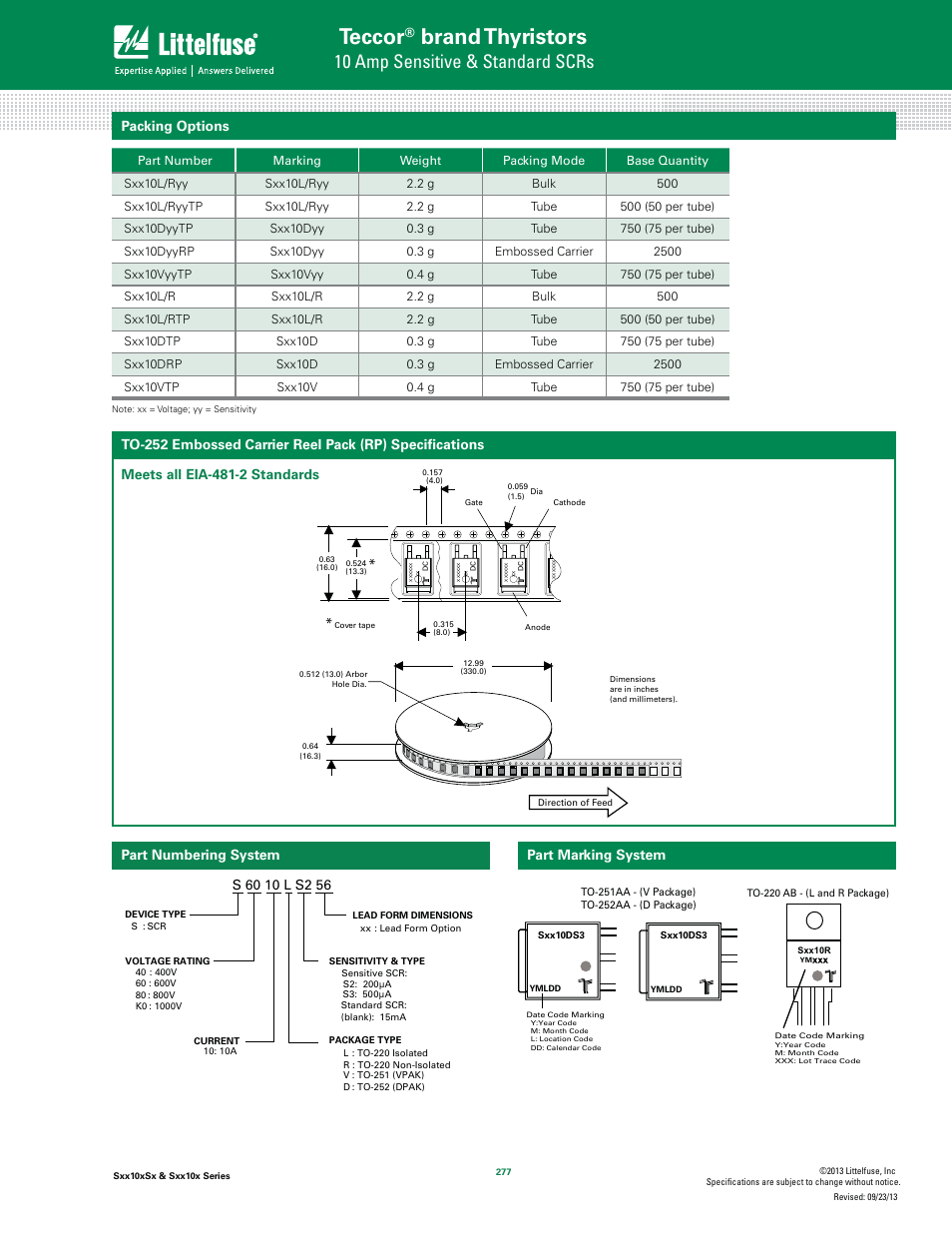 Teccor, Brand thyristors, 10 amp sensitive & standard scrs | Packing options | Littelfuse Sxx10x Series User Manual | Page 11 / 11