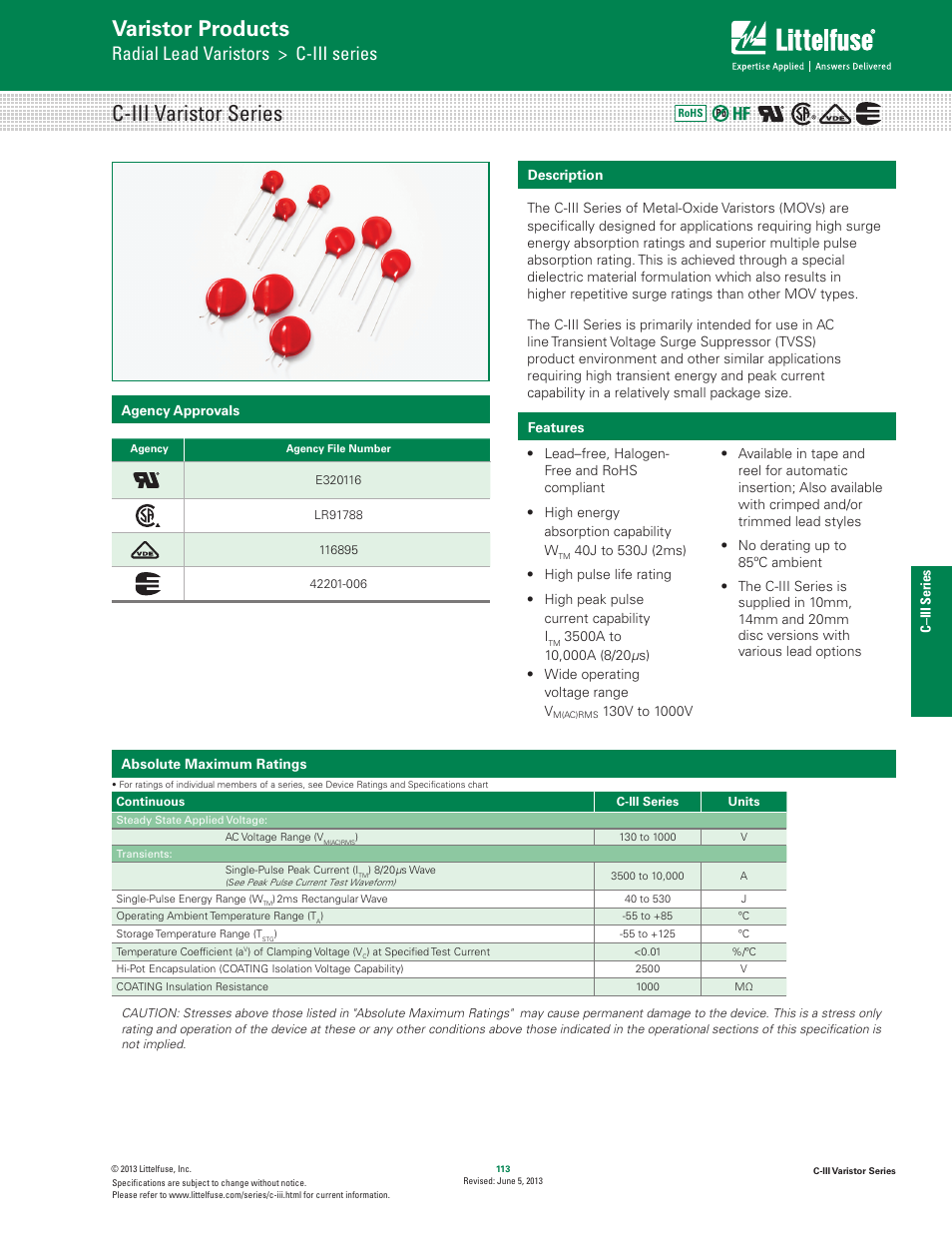 Littelfuse C-III Varistor Series User Manual | 10 pages