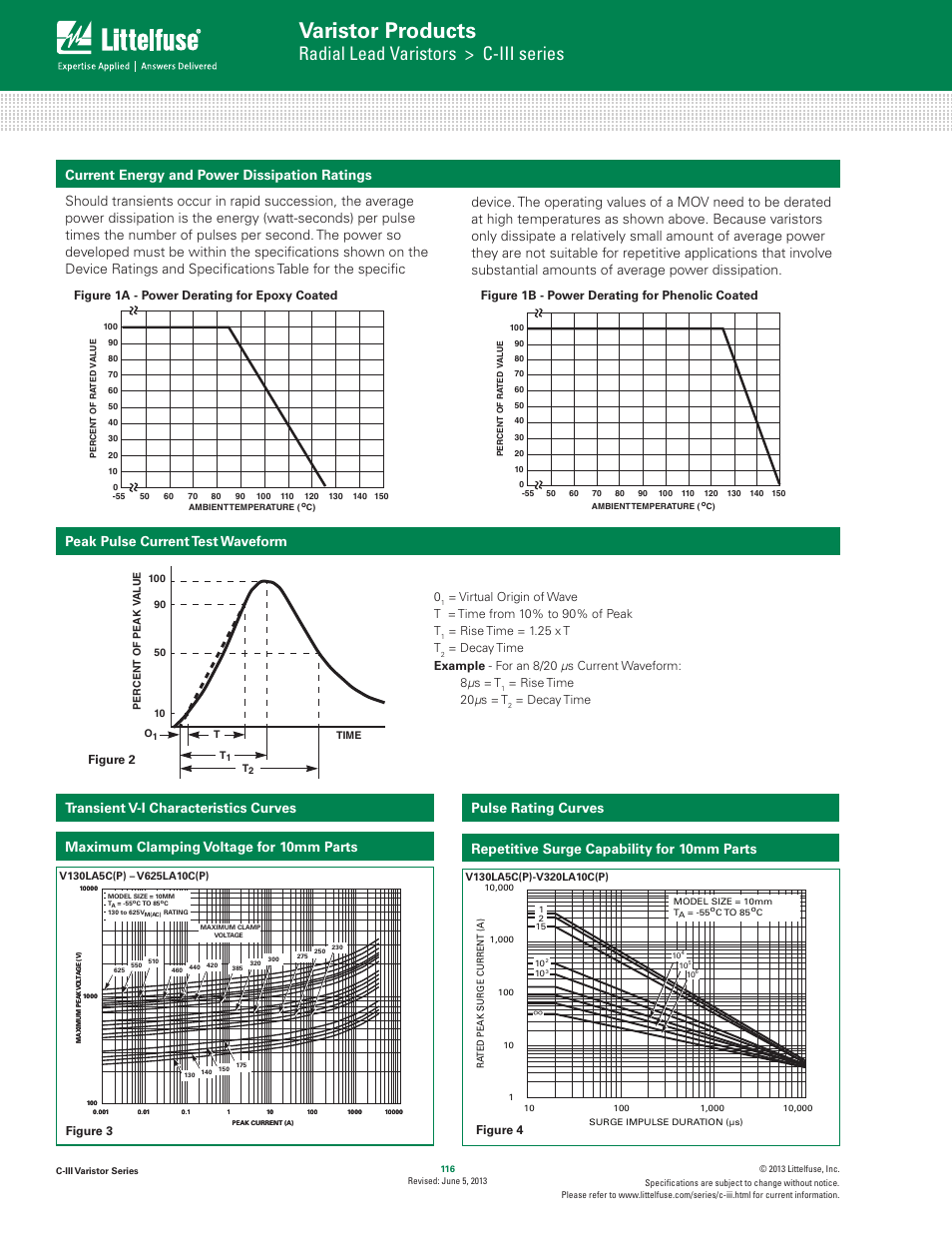 Varistor products, Radial lead varistors > c-iii series, Maximum clamping voltage for 10mm parts | Repetitive surge capability for 10mm parts, Rise time = 1.25 x t t, Rise time 20 μ s = t, Decay time, Figure 3 figure 4, Figure 1b - power derating for phenolic coated | Littelfuse C-III Varistor Series User Manual | Page 4 / 10