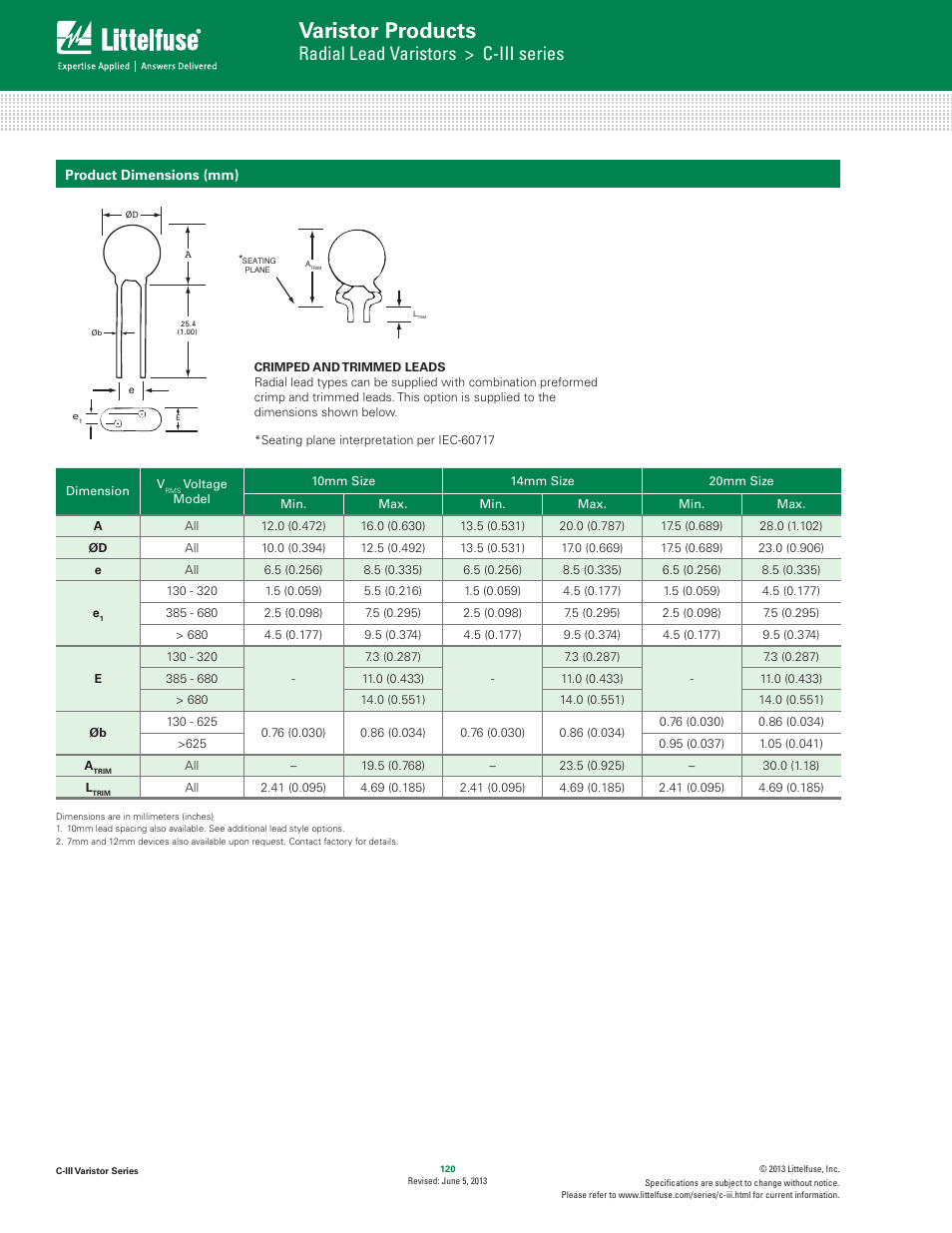 Varistor products, Radial lead varistors > c-iii series | Littelfuse C-III Varistor Series User Manual | Page 8 / 10