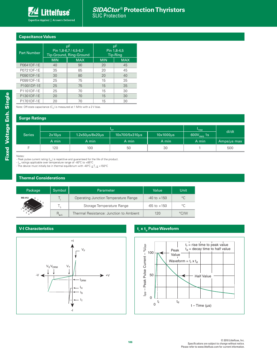 Sidactor, Protection thyristors, Slic protection | Fix ed v oltage enh. single | Littelfuse Fixed Voltage Enhanced Single Port Series MS-012 User Manual | Page 2 / 4