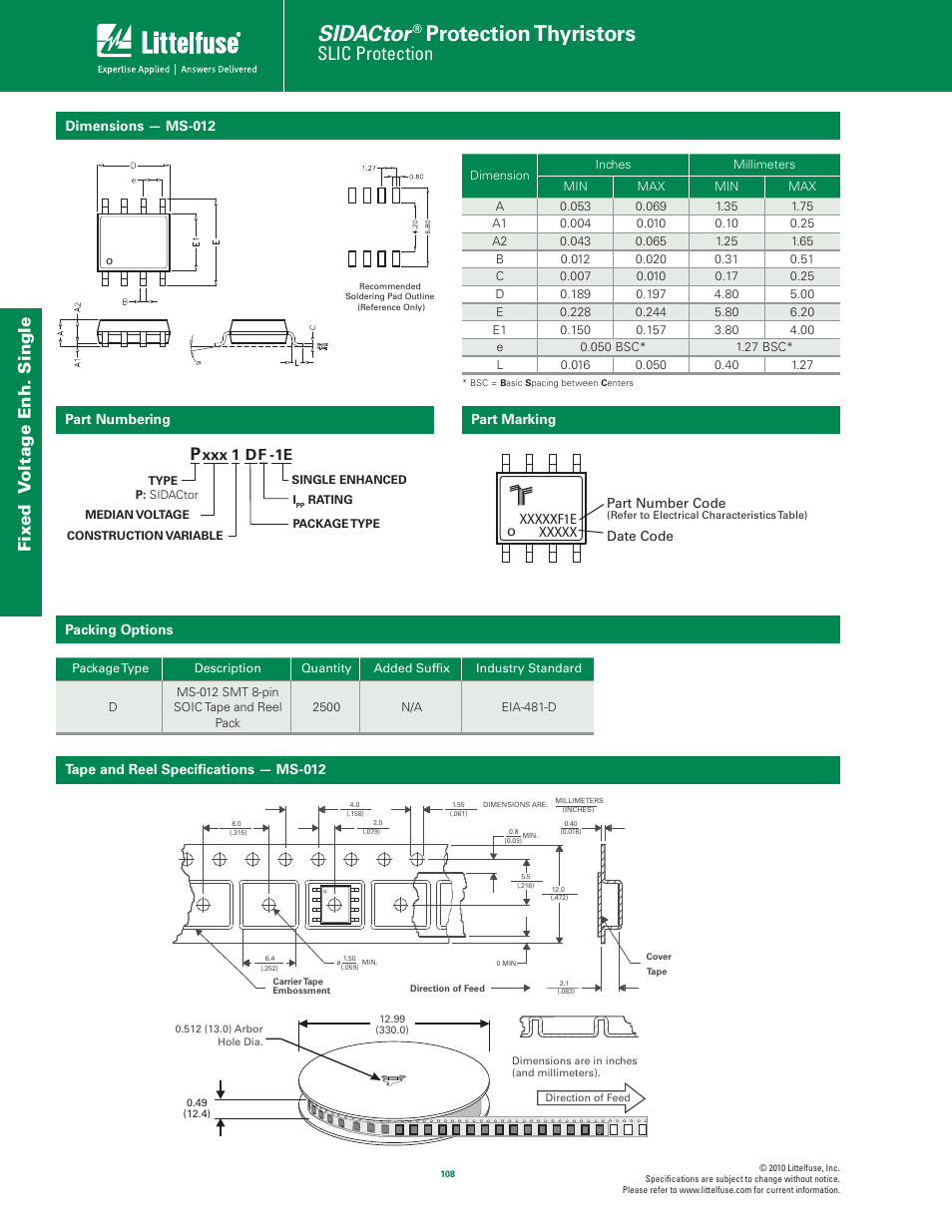 Sidactor, Protection thyristors, Slic protection | Fix ed v oltage enh. single, Xxx 1 df | Littelfuse Fixed Voltage Enhanced Single Port Series MS-012 User Manual | Page 4 / 4