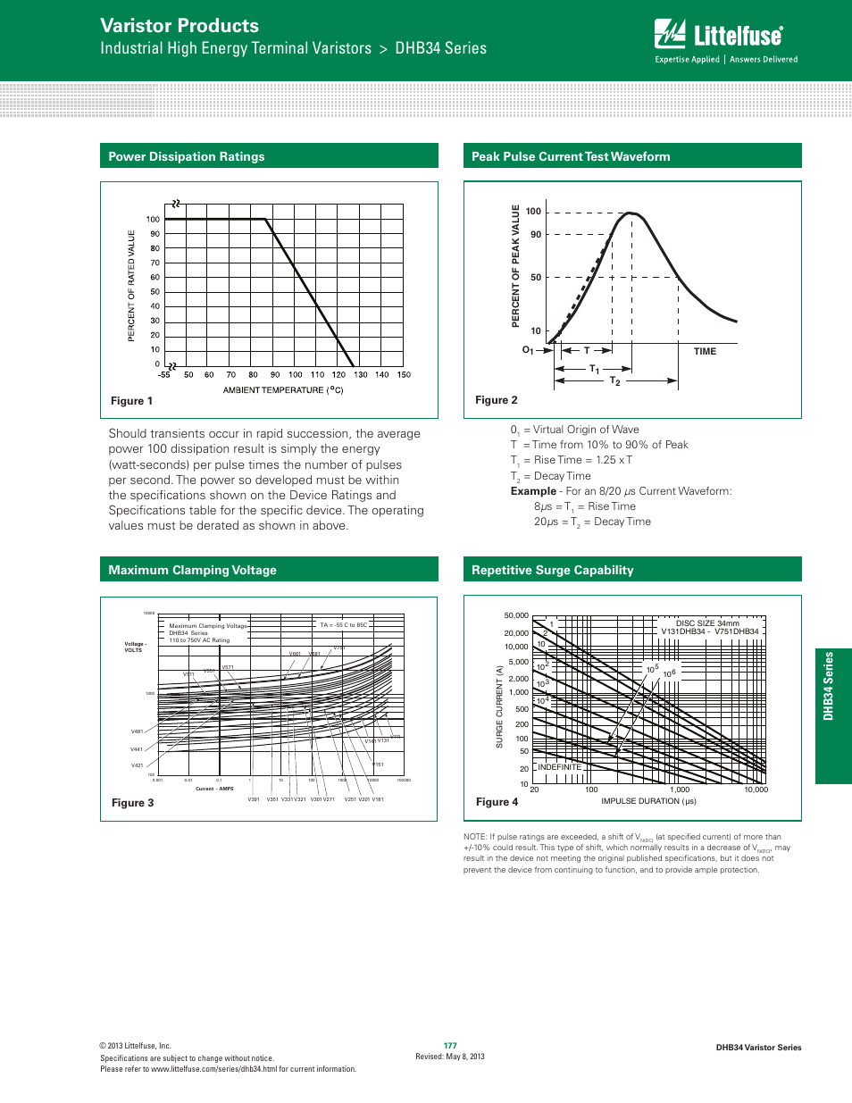 Varistor products, Hi–energy mo v’s, Repetitive surge capability | Rise time = 1.25 x t t, Rise time 20 μ s = t, Decay time, Figure 1 figure 2 figure 3 figure 4 | Littelfuse DHB34 Varistor Series User Manual | Page 3 / 5