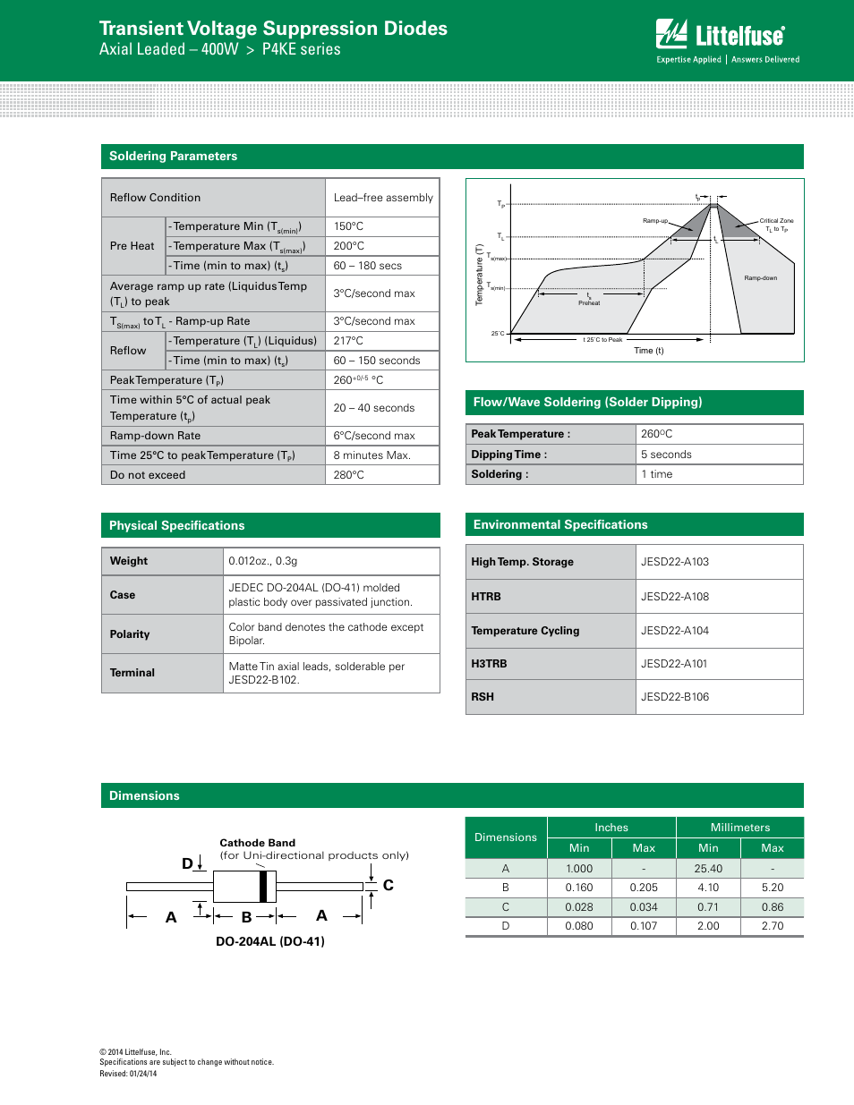 Transient voltage suppression diodes, Axial leaded – 400w > p4ke series, Da a c b | Littelfuse P4KE Series User Manual | Page 5 / 6