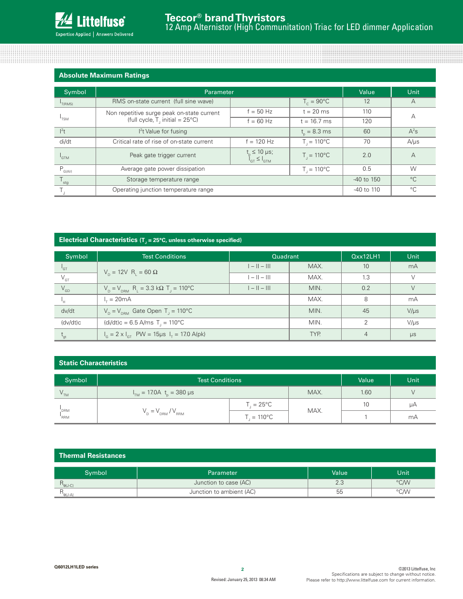 Teccor, Brand thyristors | Littelfuse Q6012LH1LED Series User Manual | Page 2 / 6