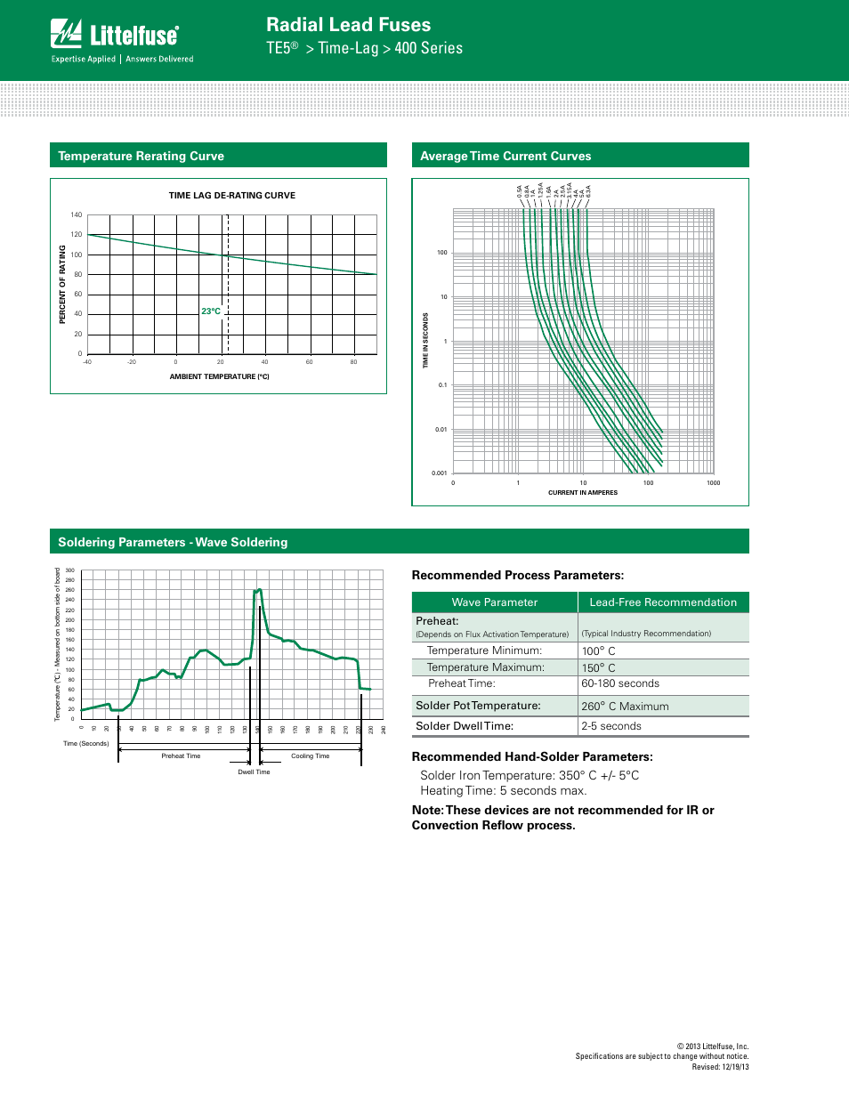 Radial lead fuses, Time-lag > 400 series, Wave parameter lead-free recommendation preheat | Temperature minimum: 100, Ctemperature maximum: 150, C maximum solder dwell time: 2-5 seconds | Littelfuse 400 Series User Manual | Page 2 / 3