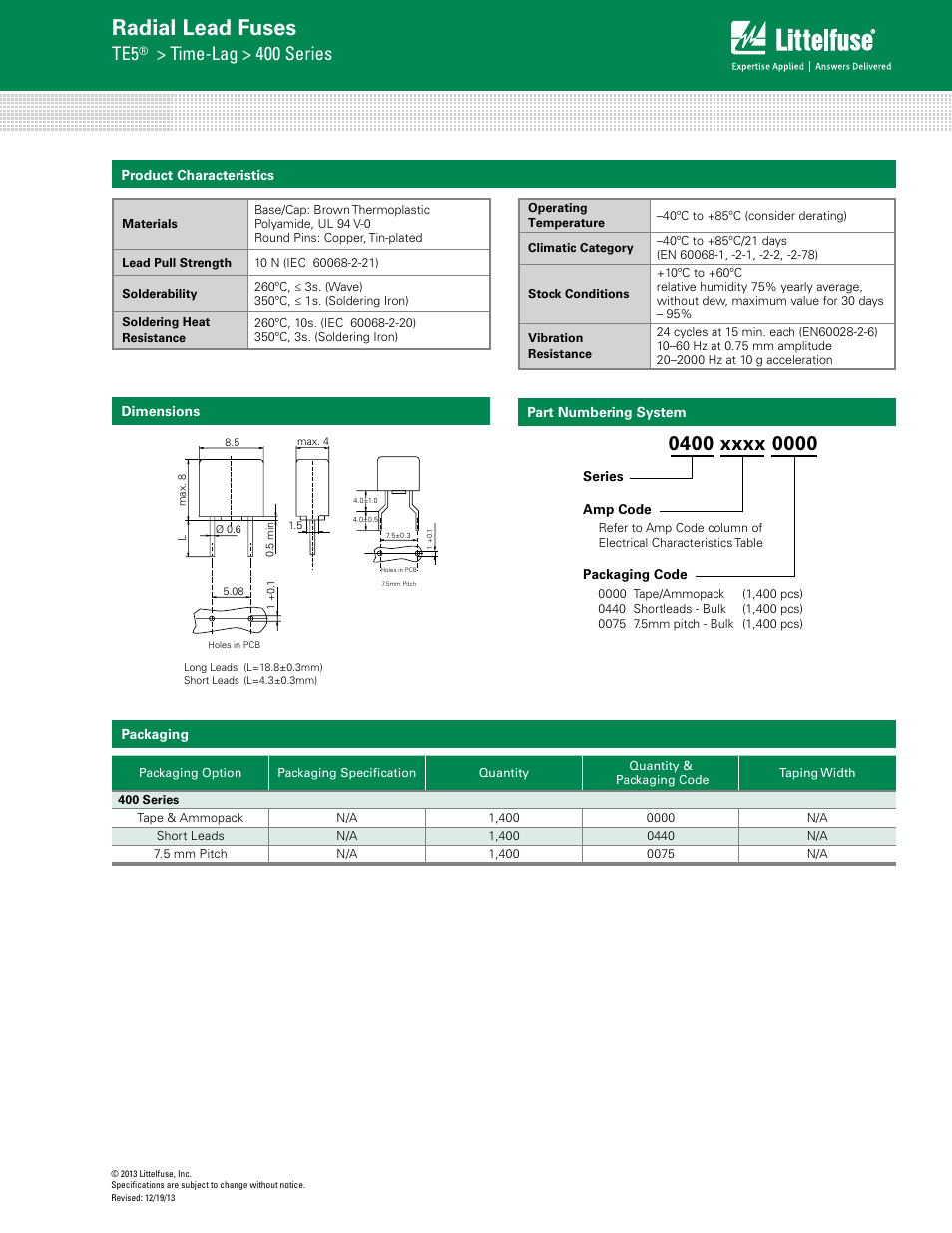 Radial lead fuses, Time-lag > 400 series | Littelfuse 400 Series User Manual | Page 3 / 3